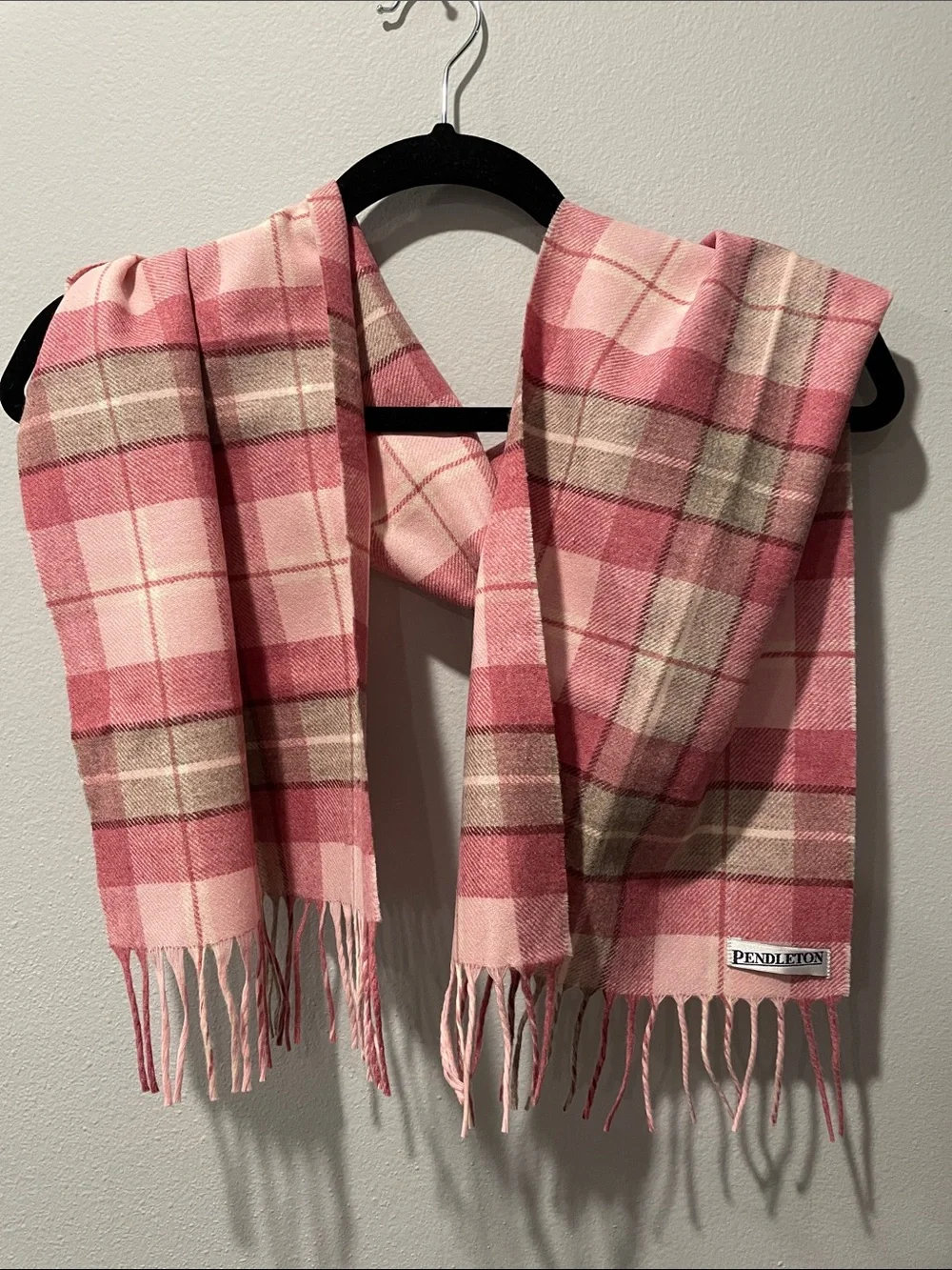Pendleton Pink Plaid Wool Fringe Scarf